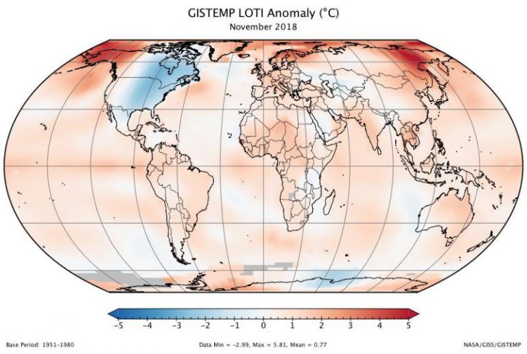 Noviembre de este año fue el quinto más caluroso en la Tierra desde 1880