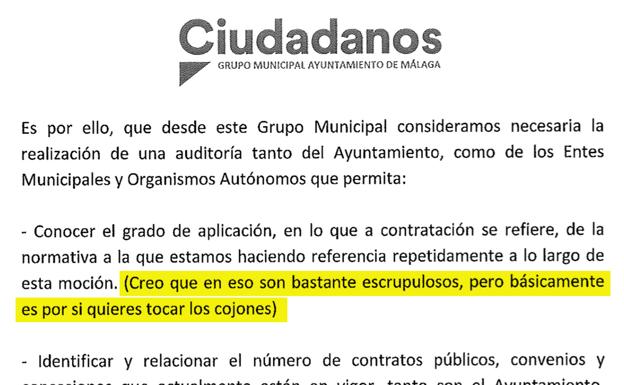 Ciudadanos presenta una moción en el Ayuntamiento de Málaga para «tocar los cojones»