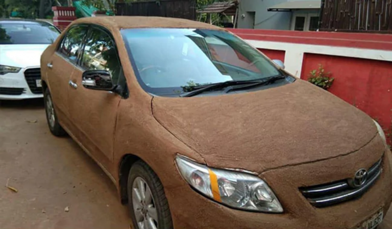 Una mujer cubre su coche con estiércol para combatir las altas temperaturas en la India… y funciona