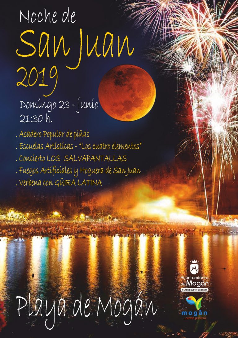 Concierto de Los Salvapantallas, fuegos artificiales y hoguera en la noche de San Juan moganera