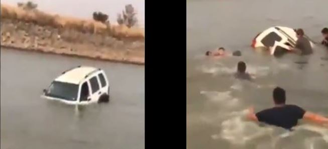 Graban tranquilamente un coche mientras se hunde hasta que se percatan de que hay un niño en su interior