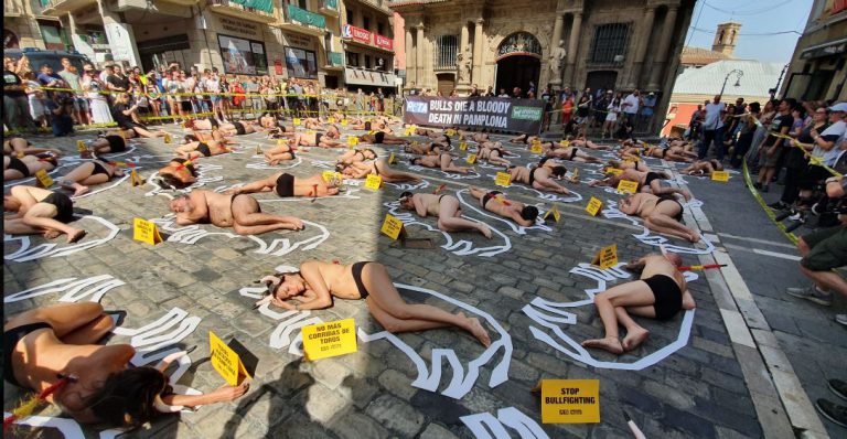 Semidesnudos, con cuernos y banderillas: así ha sido la protesta de los antitaurinos en Pamplona con motivo de los Sanfermines