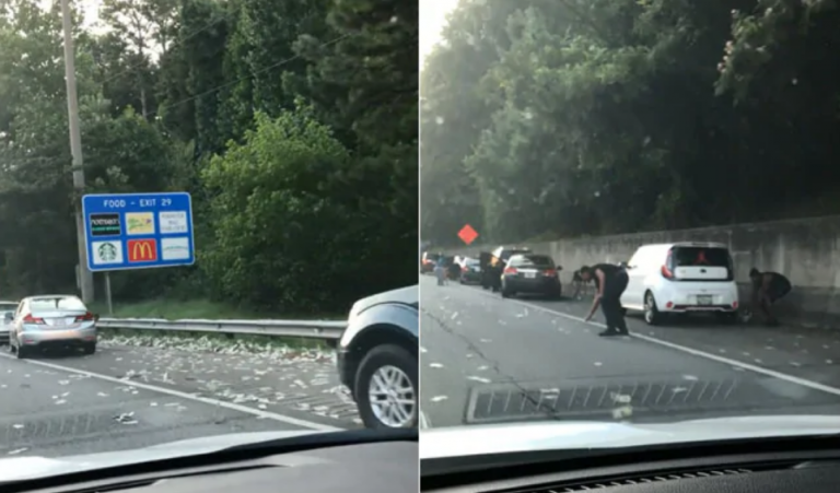 La puerta de un furgón blindado se abre y ‘escupe’ miles de dólares en una carretera estadounidense