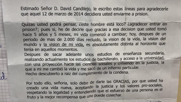 Un recluso agradece en una carta al juez que le envió a prisión por «darle una vida nueva»