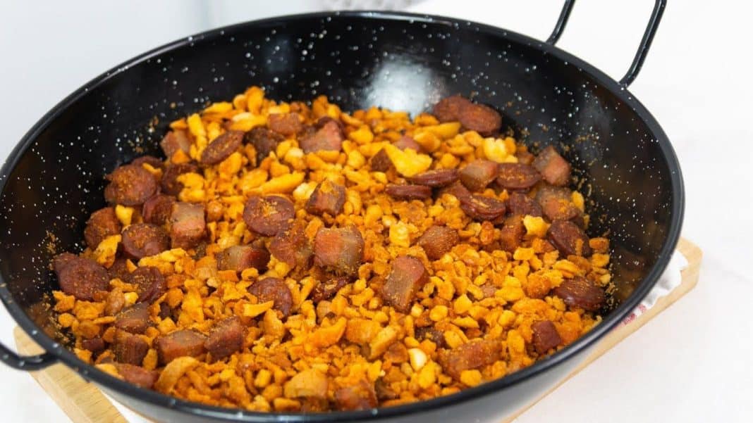 La preparación de esta propuesta de migas de pan de pan con chorizo