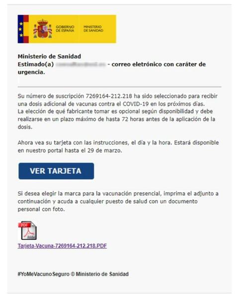 Alertan sobre un falso correo electrónico de Sanidad que informa de una dosis adicional de la vacuna contra el Covid